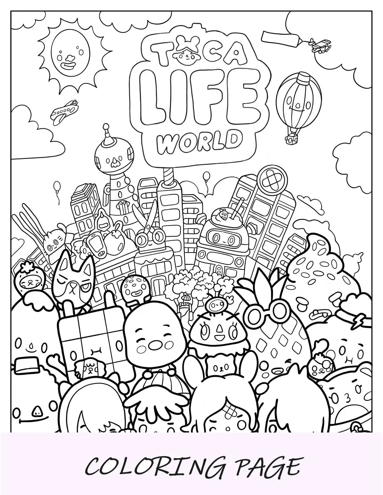 Folha para colorir Toca Boca Life World com todos os personagens