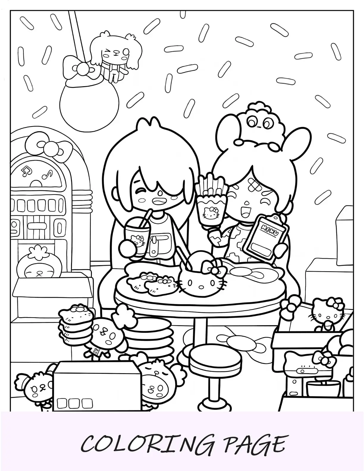 Folha para colorir Toca Boca menino e menina com Hello Kitty Merch