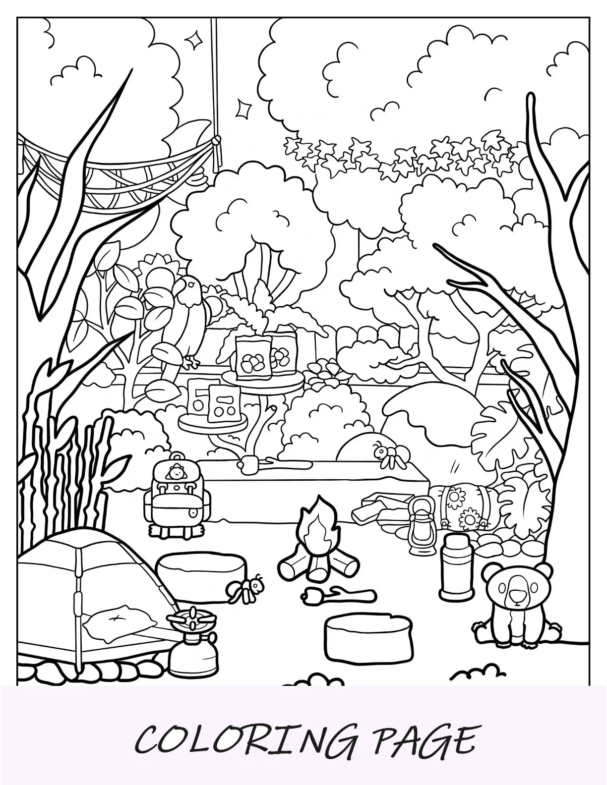 Página detalhada para colorir do acampamento Toca Boca