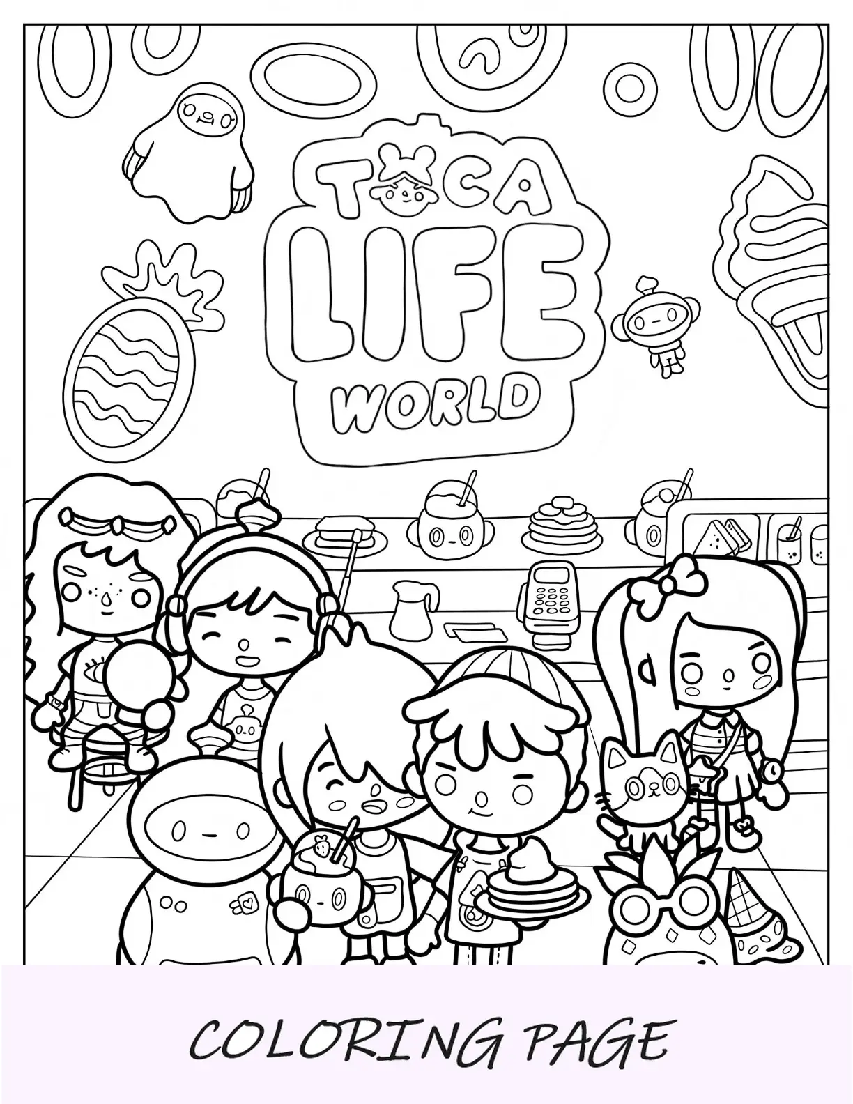 Página detalhada para colorir do pôster mundial da Toca Boca Life