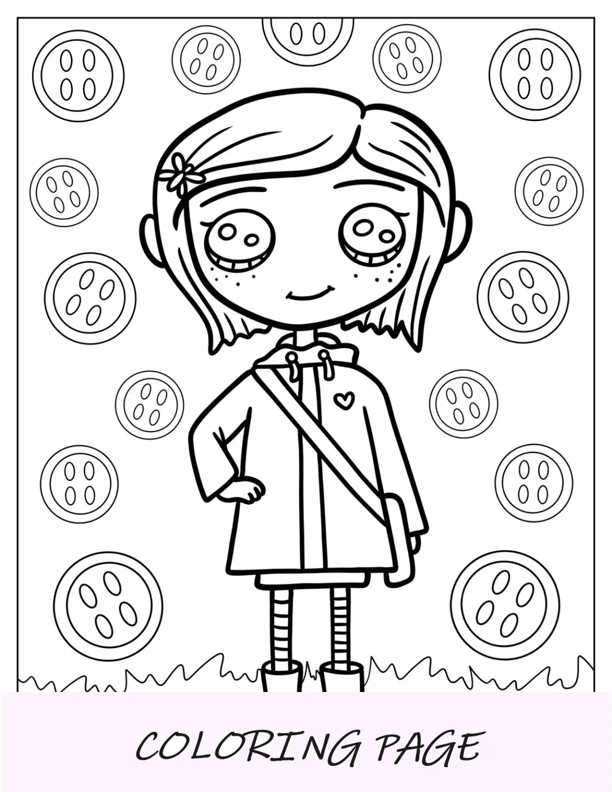 Linda página para colorear de Coraline con chaqueta y bolso