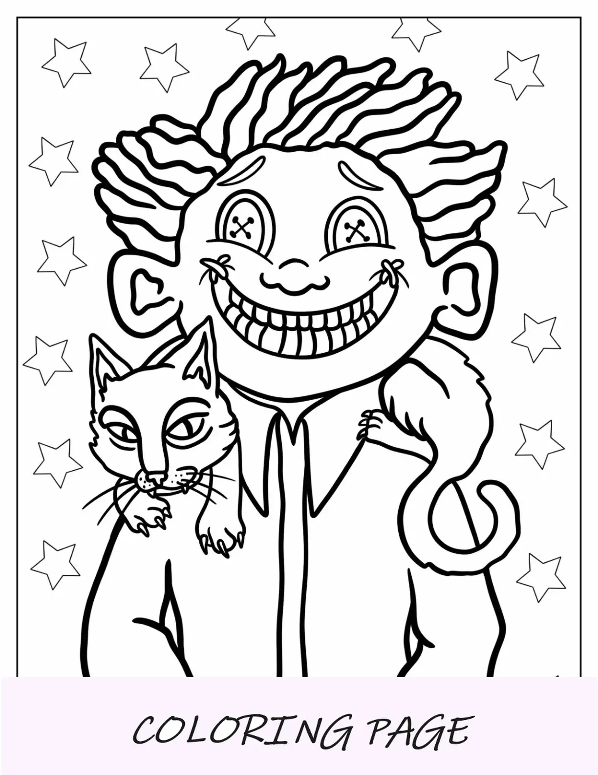 Coraline Página para colorear del espeluznante otro Wybie con un gato sobre sus hombros