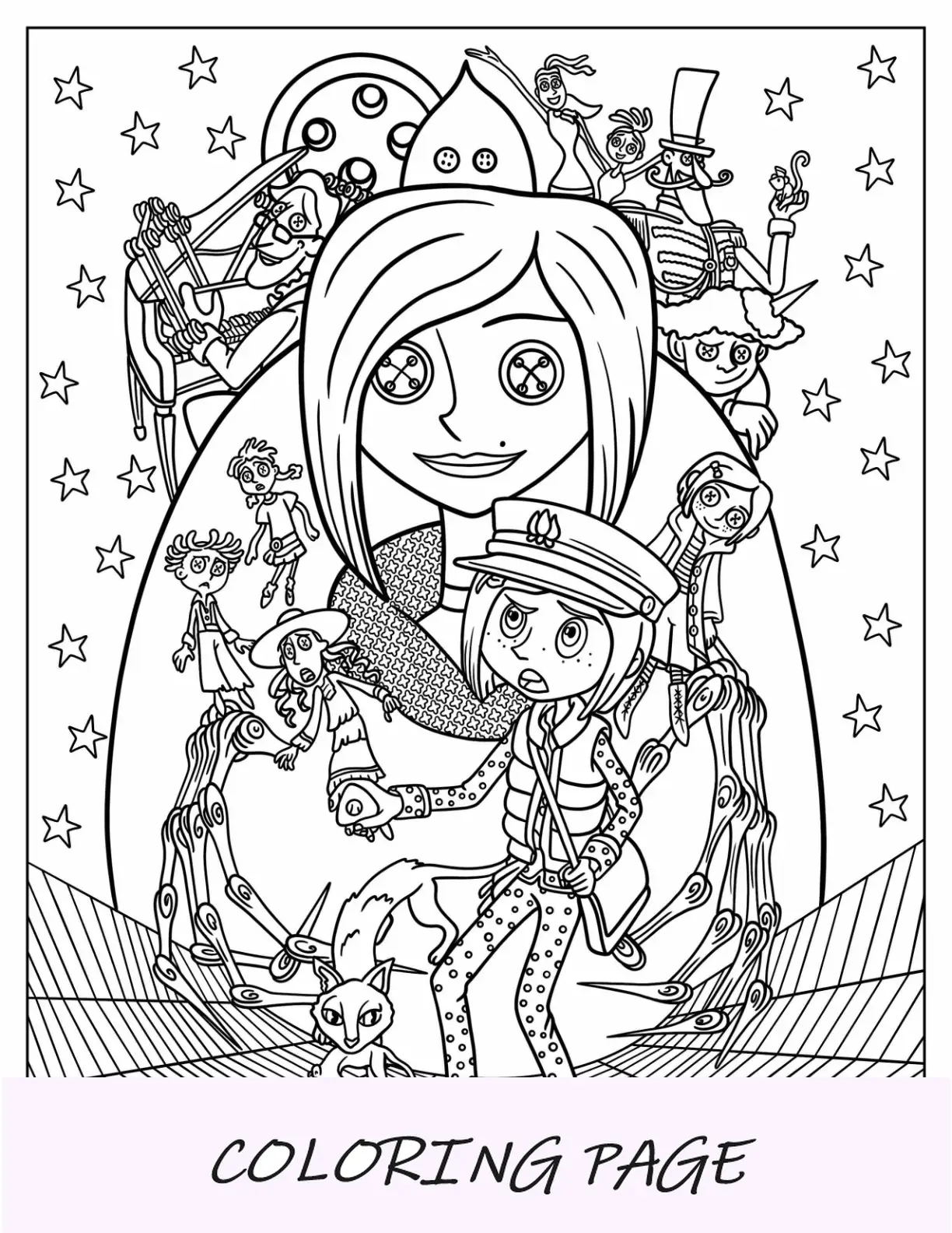 Página para colorear de Coraline en el otro mundo con gato