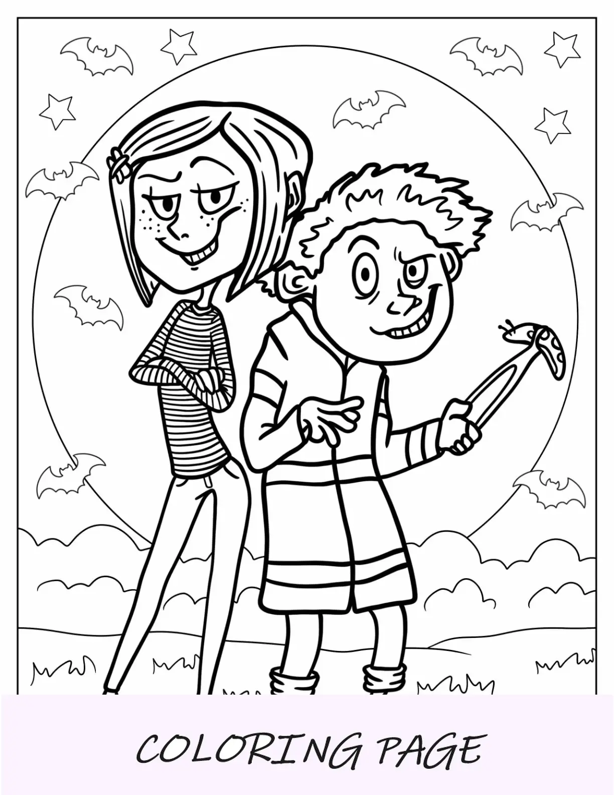 Página para colorear de Coraline con Wybie con sonrisas aterradoras