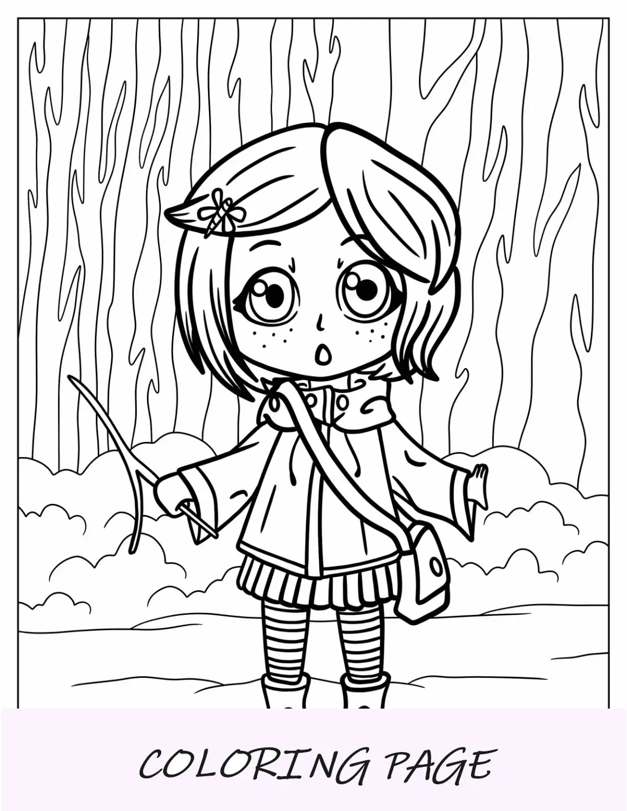 Página para colorear de Chibi Coraline sosteniendo un palo bifurcado para niños en edad preescolar