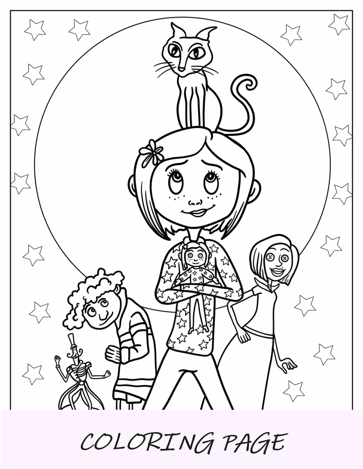 Página para colorear de Coraline con el gato, Wybie, otra madre y otro Bobinsky