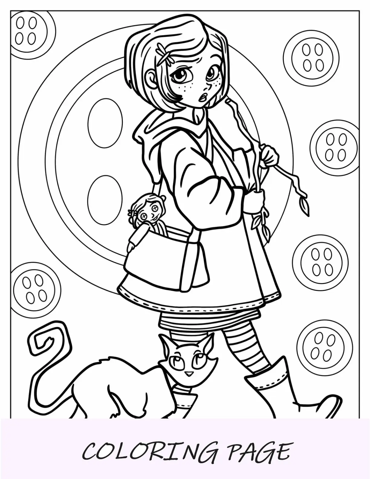 Dibujos para colorear Coraline caminando con gato y muñeca