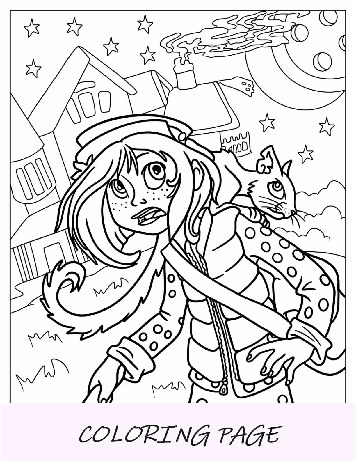 Página para colorear de Coraline de dibujos animados con gato en otro mundo