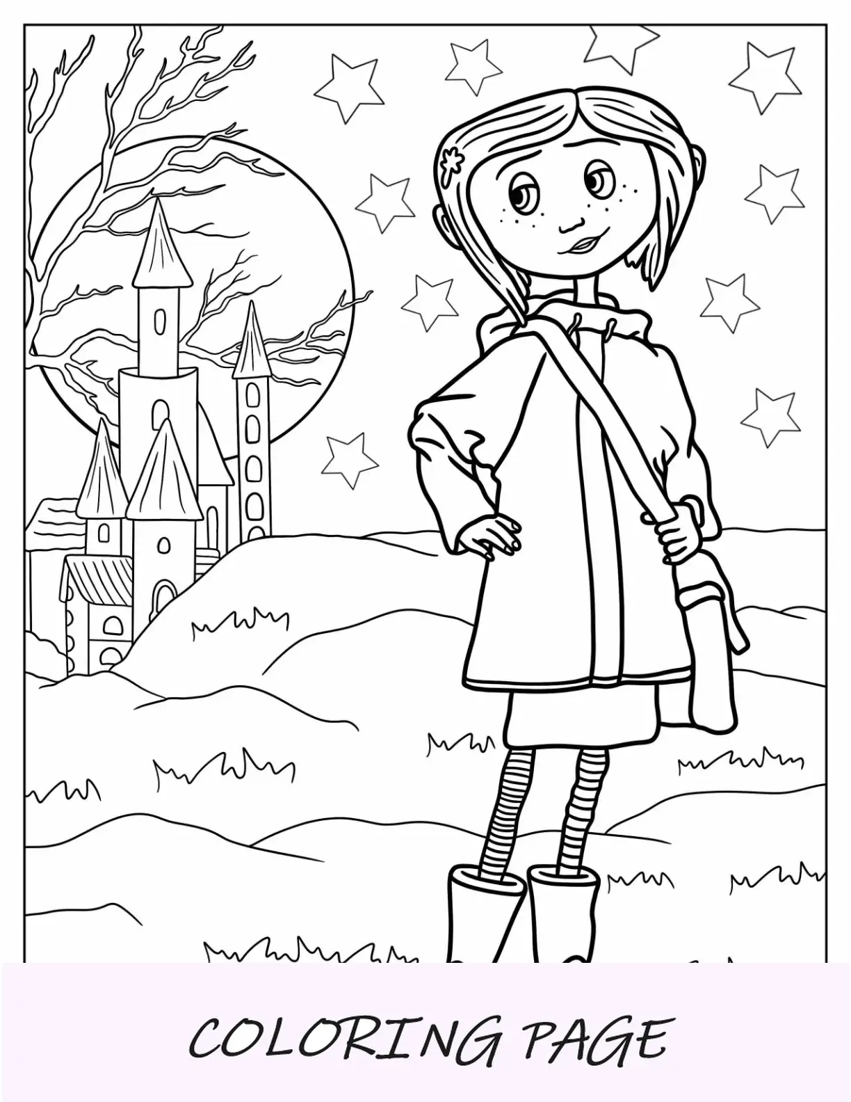 Página para colorear de Coraline afuera por la noche