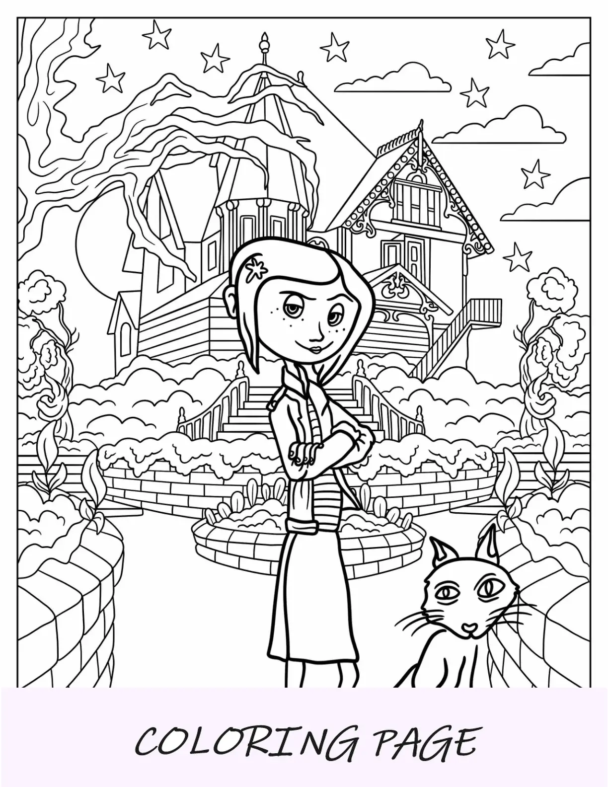 Página para colorear de Coraline con gato fuera de casa