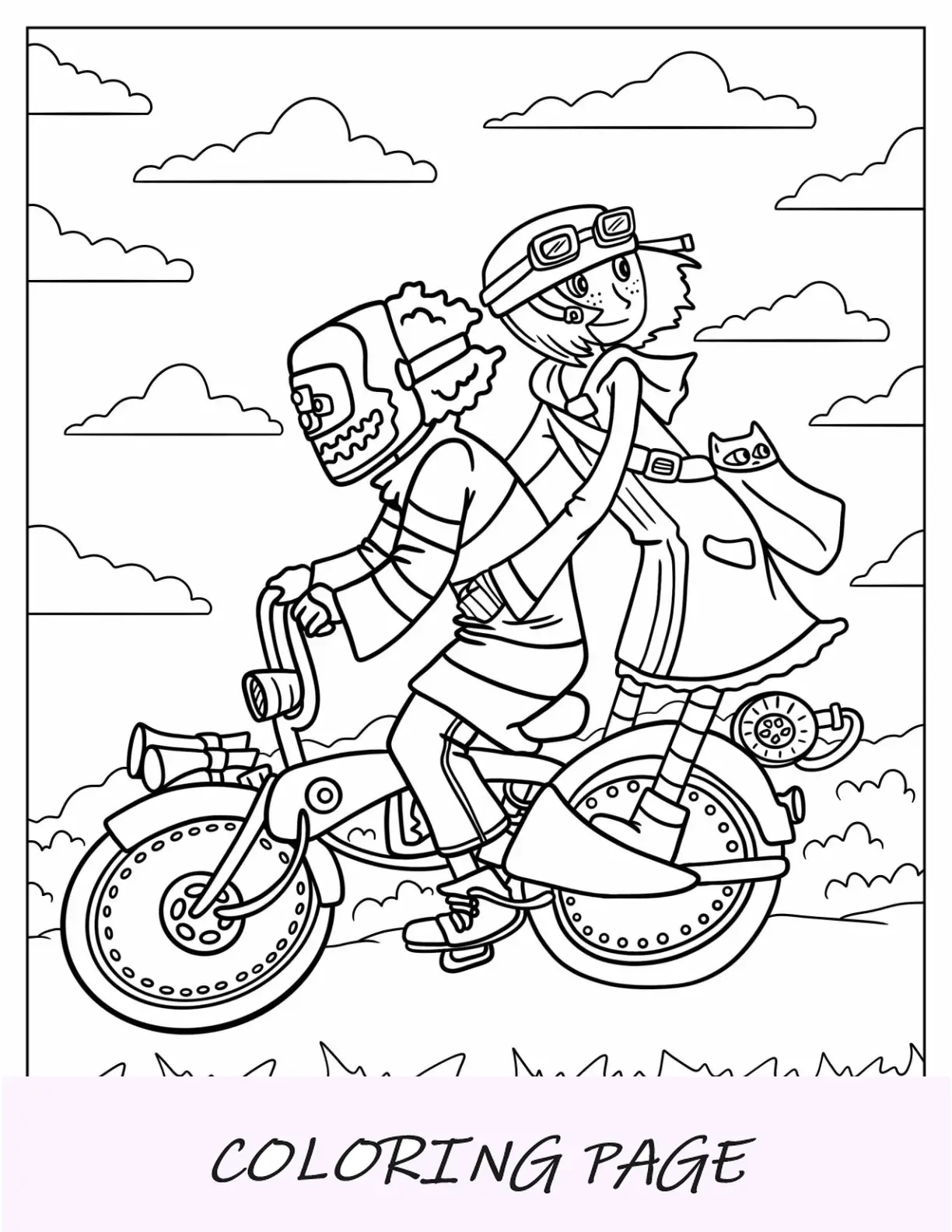 Coraline para colorear montando en bicicleta con Wybie