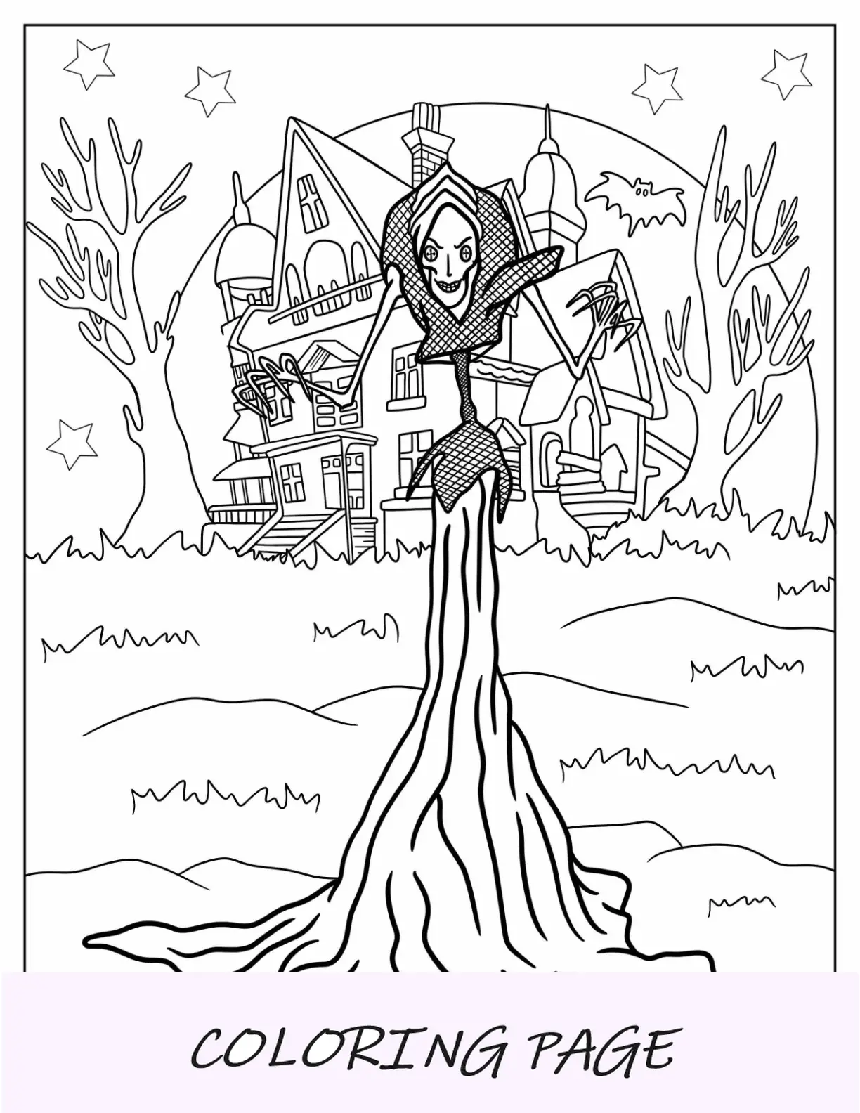 Página para colorear de Coraline del aterrador Beldam afuera de la casa