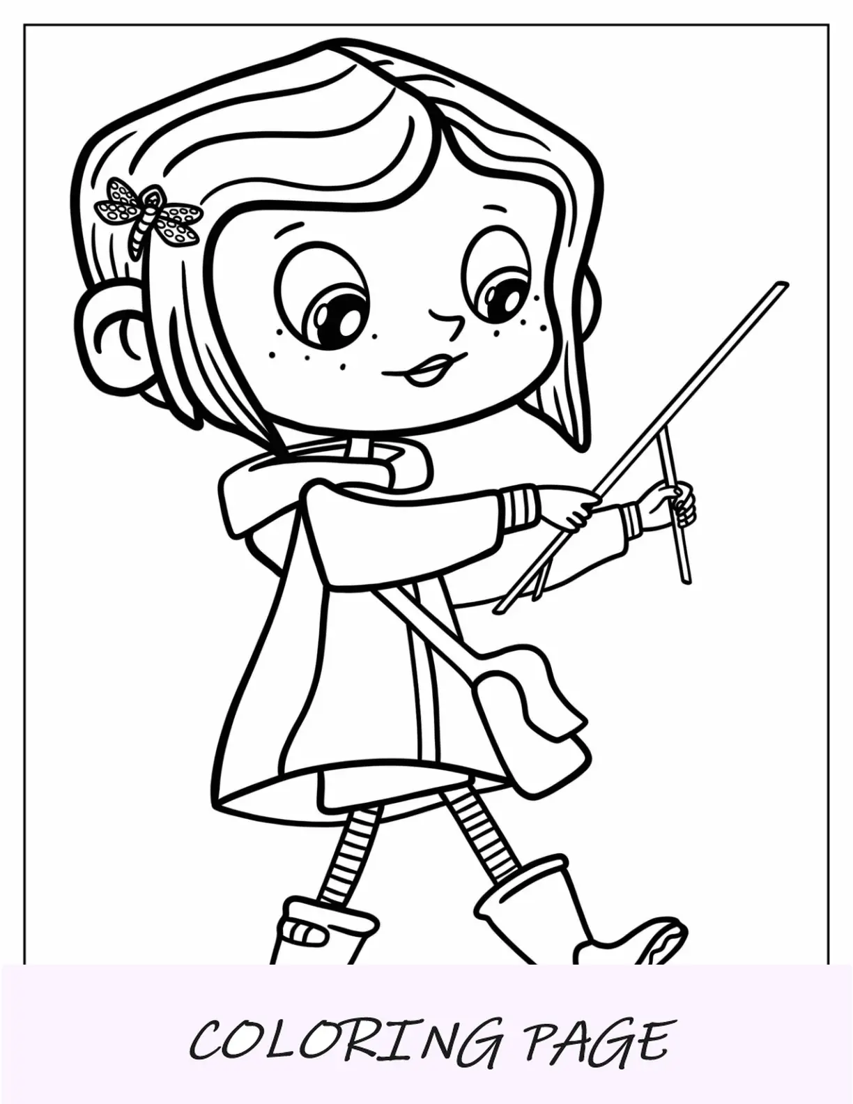 Página para colorear de Kawaii Coraline sosteniendo un palo bifurcado para niños