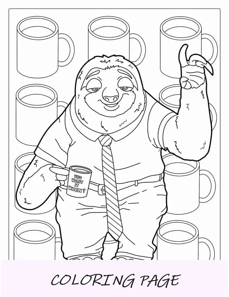 Zootopia-Faultier-Malseite für Kinder