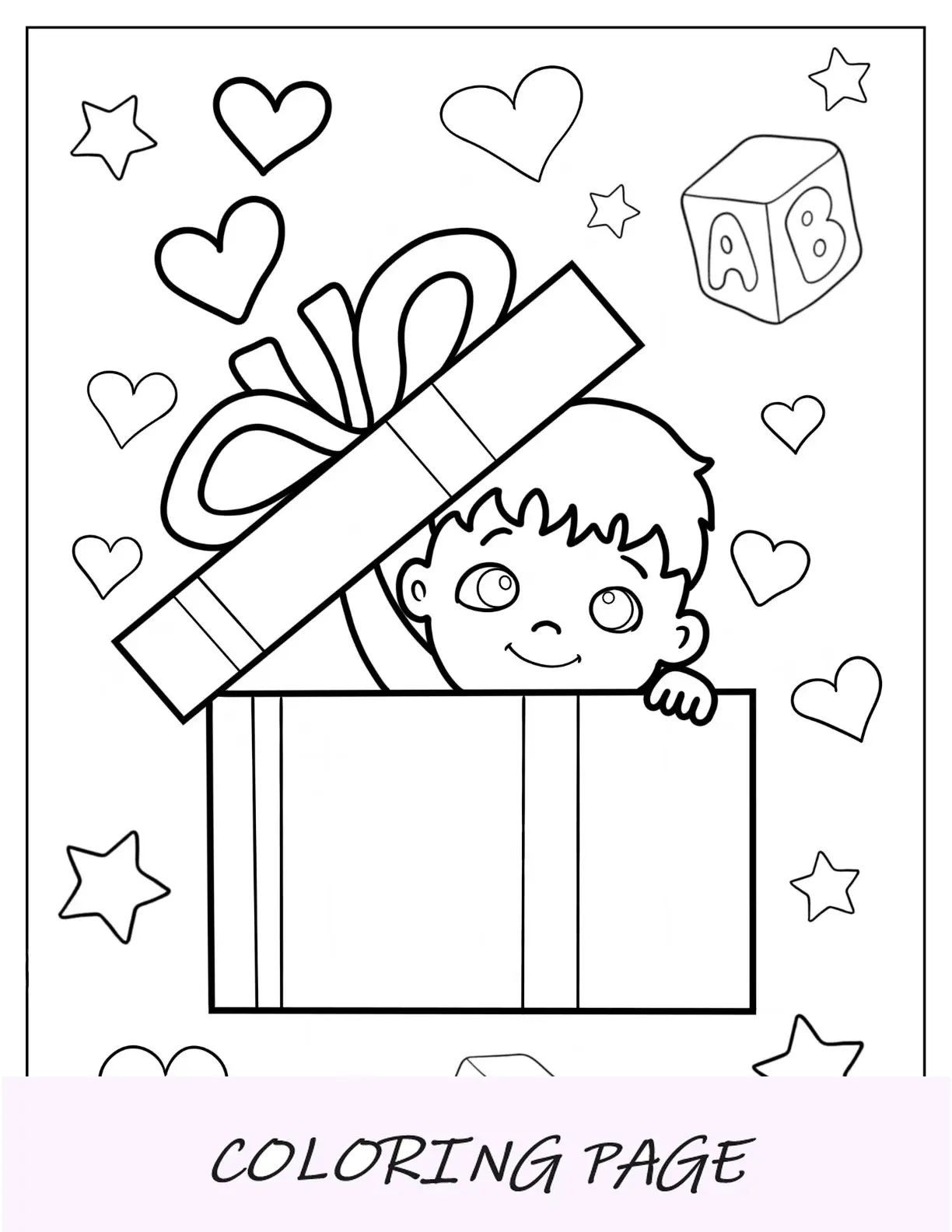 Página para colorear de bebé de niño saliendo de caja de regalo