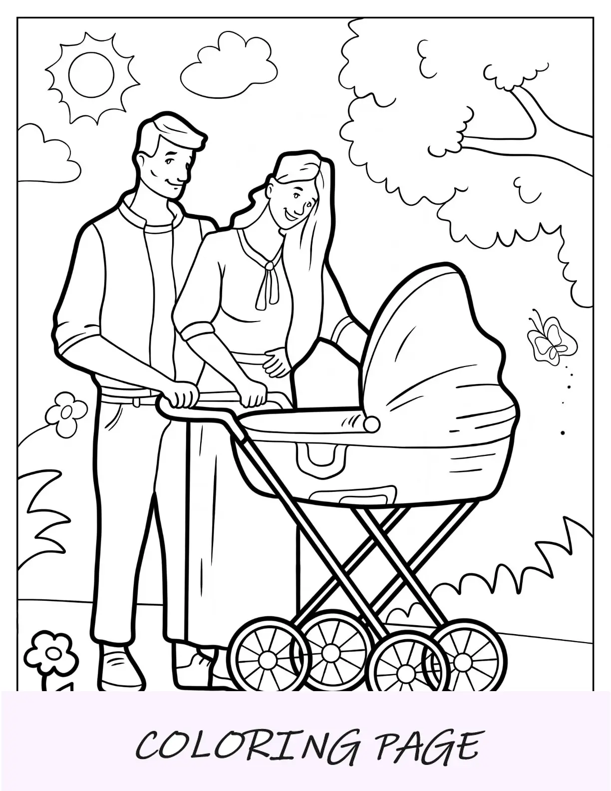 Página para colorear de madre y padre caminando bebé en cochecito