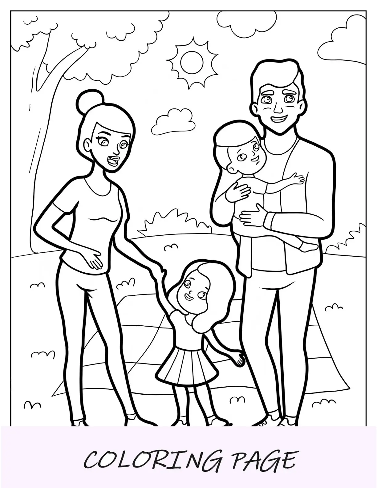 Página para colorear de padre, madre e hija pequeña con bebé