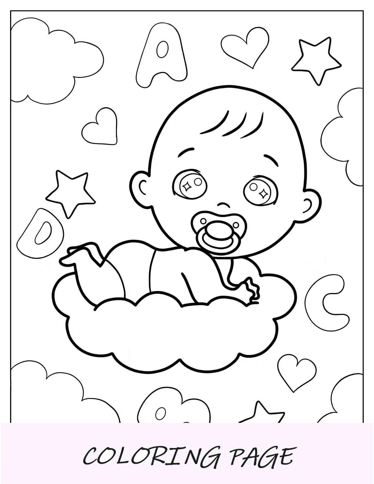 Página para colorear de bebé con chupete tumbado en la nube