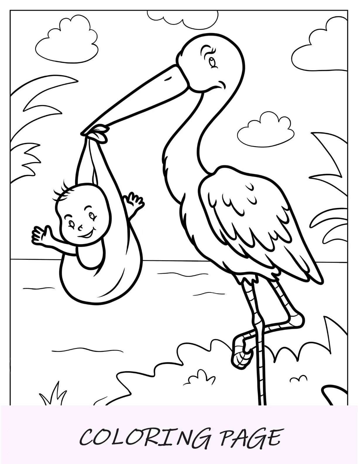Cigüeña entregando un bebé para colorear