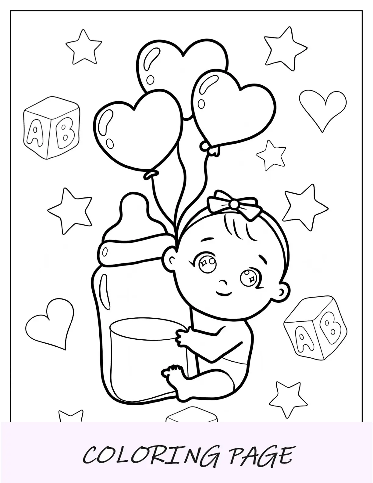 Página para colorear de bebé abrazando el biberón de leche con globos de corazón