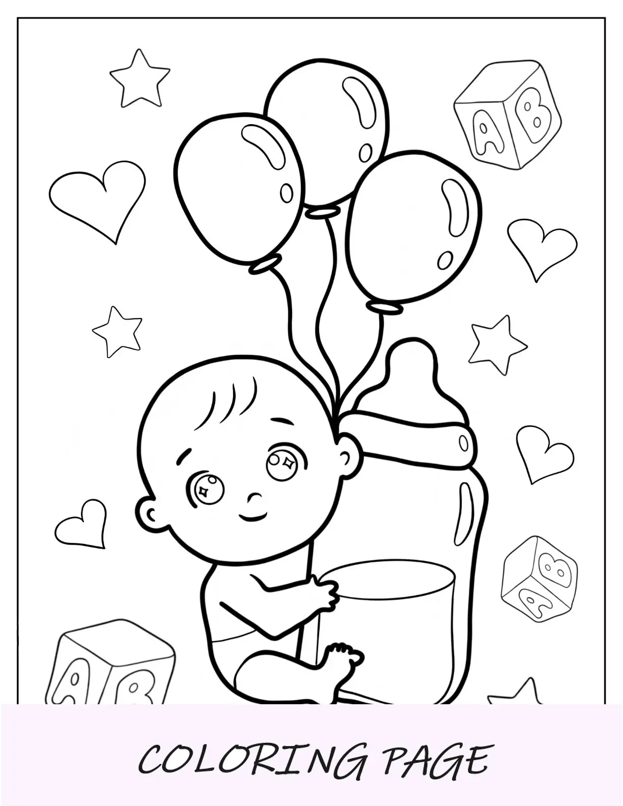 Página para colorear de bebé de niño abrazando una botella de leche grande con globos