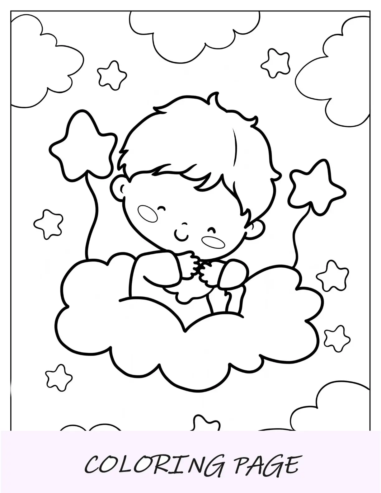 Lindo bebé página para colorear de niño en la nube para niños