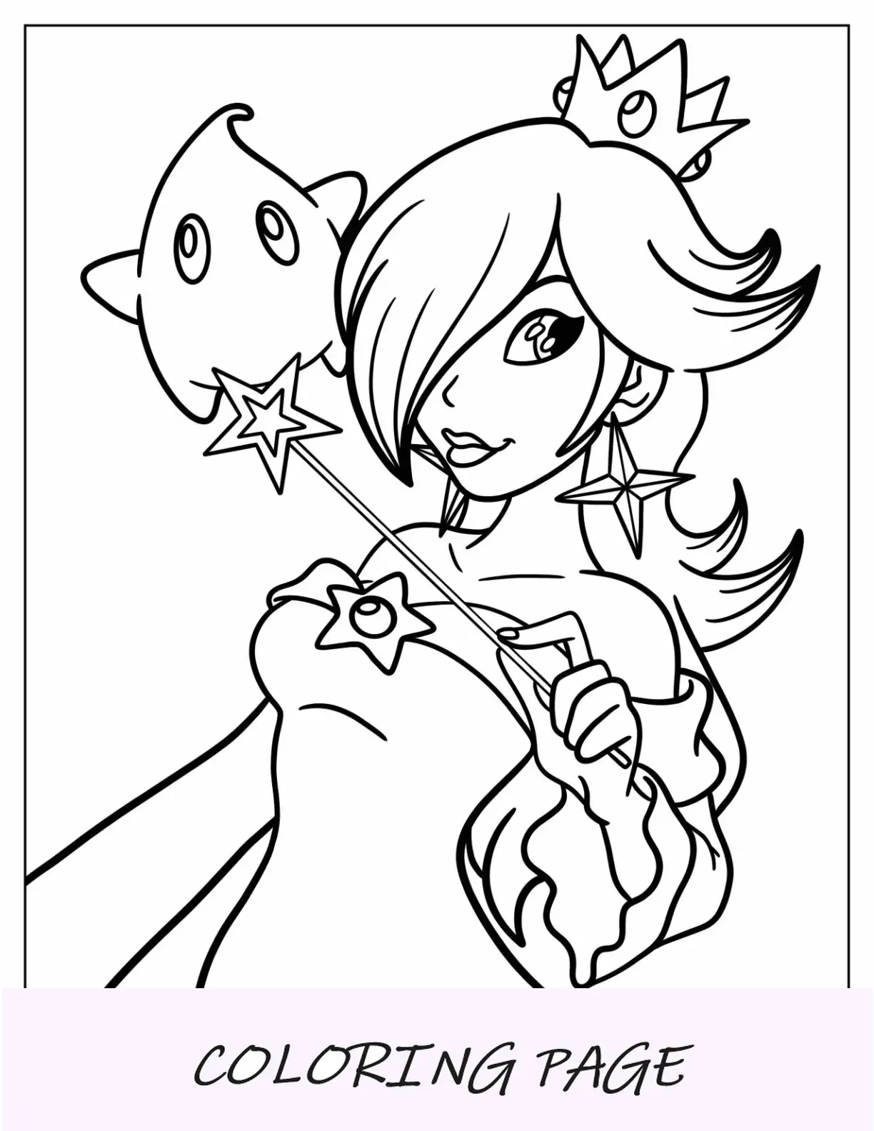 Rosalina para colorir sorrindo enquanto segura a varinha estrela