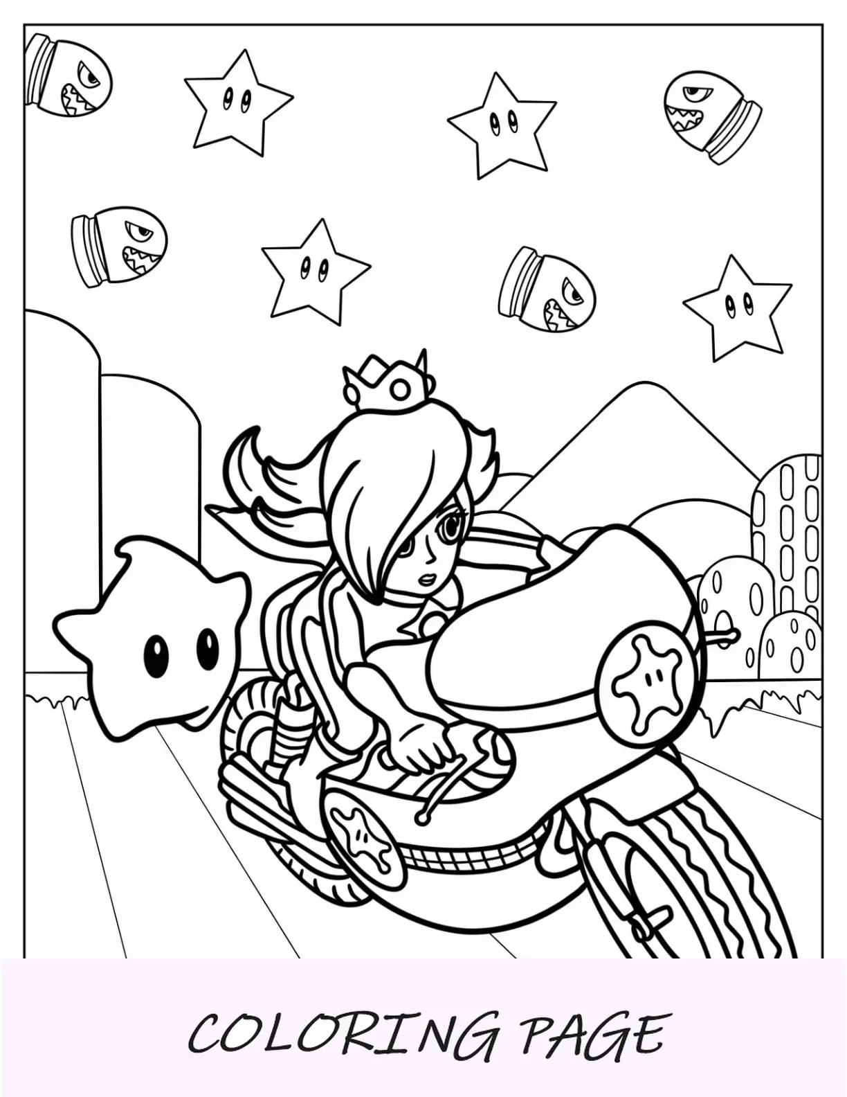 Rosalina para colorir andando de bicicleta com Luma em Mario Kart