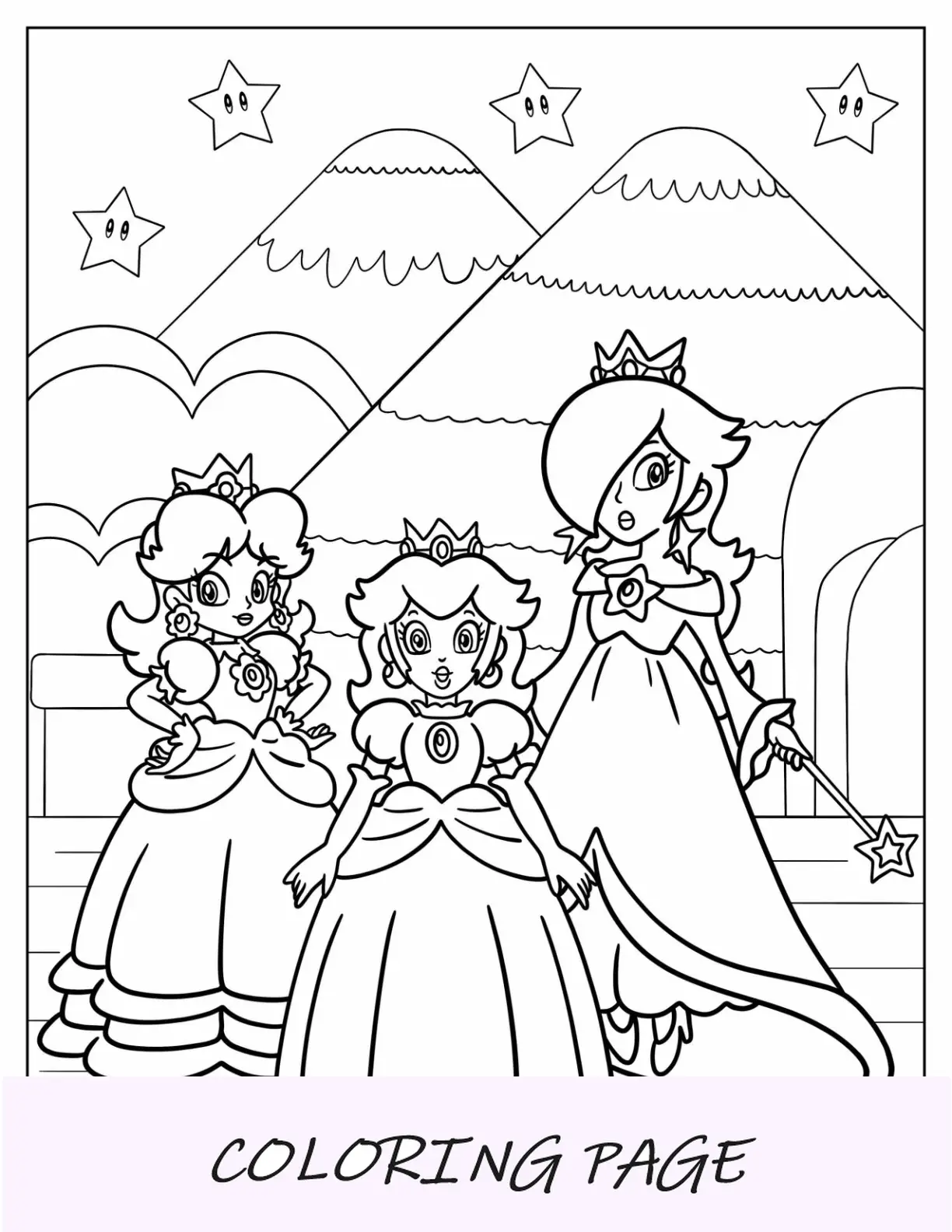 Desenho para colorir da princesa Rosalina com pêssego e margarida