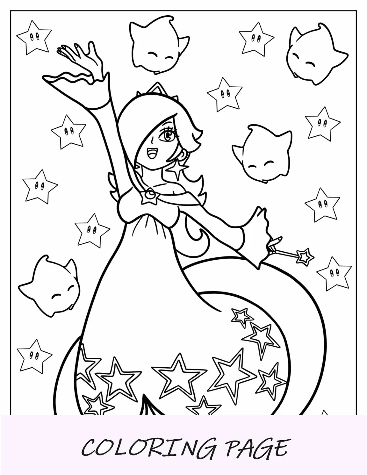 Página para colorir fácil de Rosalina com Luma e estrelas no fundo