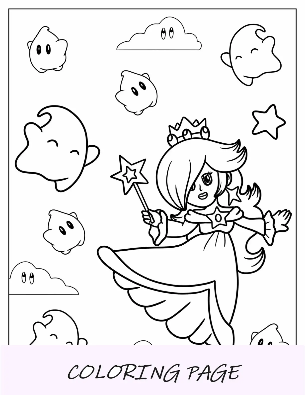 Folha para colorir Princesa Chibi Rosalina no céu com Lumas