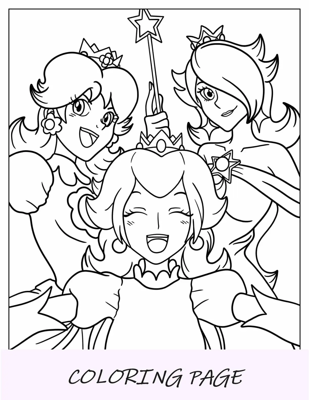 Desenho para colorir da princesa Rosalina estilo anime com pêssego e margarida