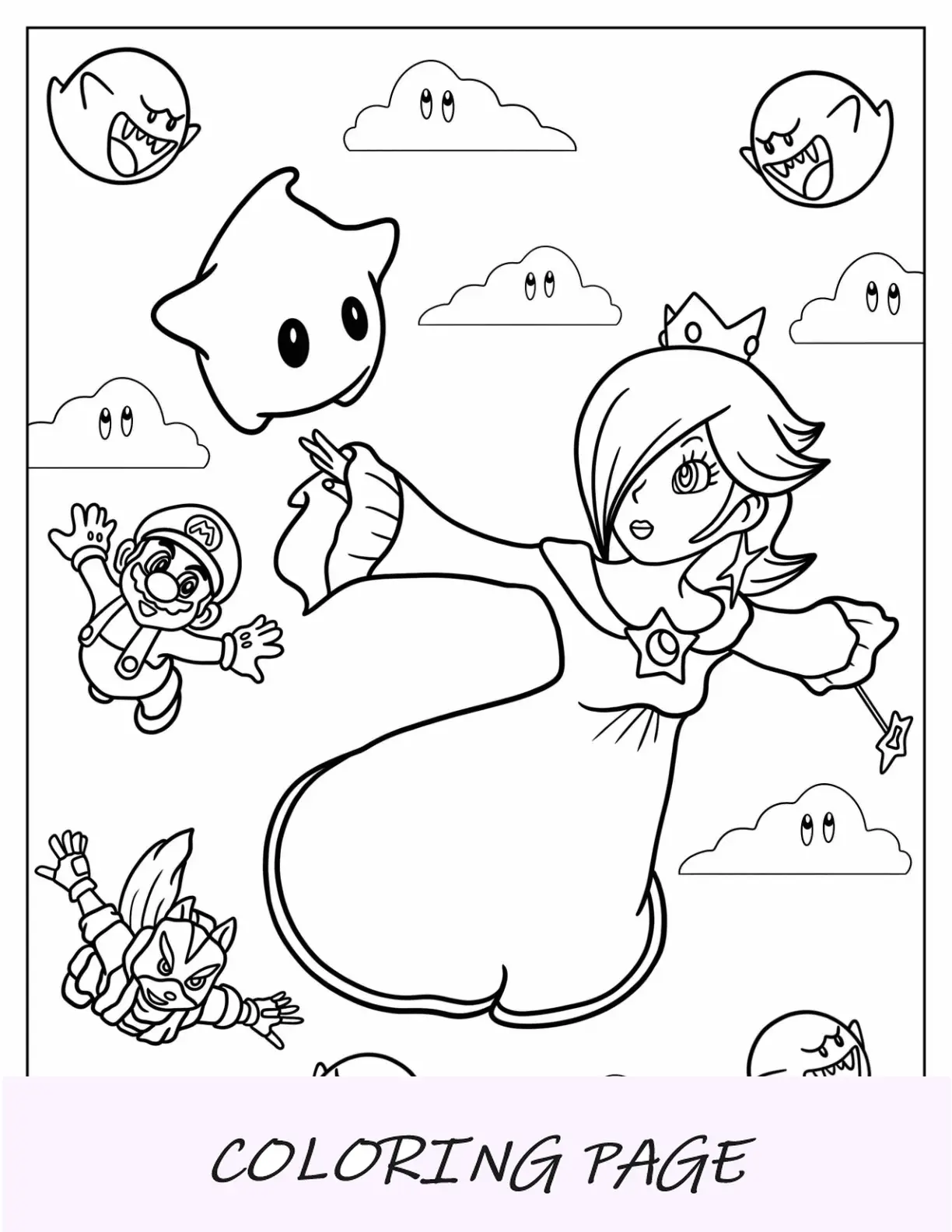 Folha para colorir Rosalina voando no céu com Luma, Mario e Star Fox