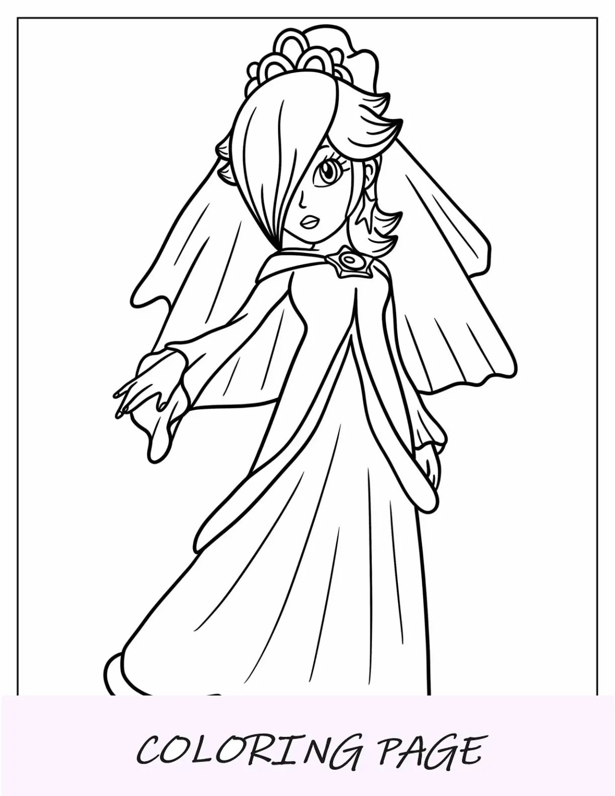 Página para colorir fácil de Rosalina em vestido de noiva