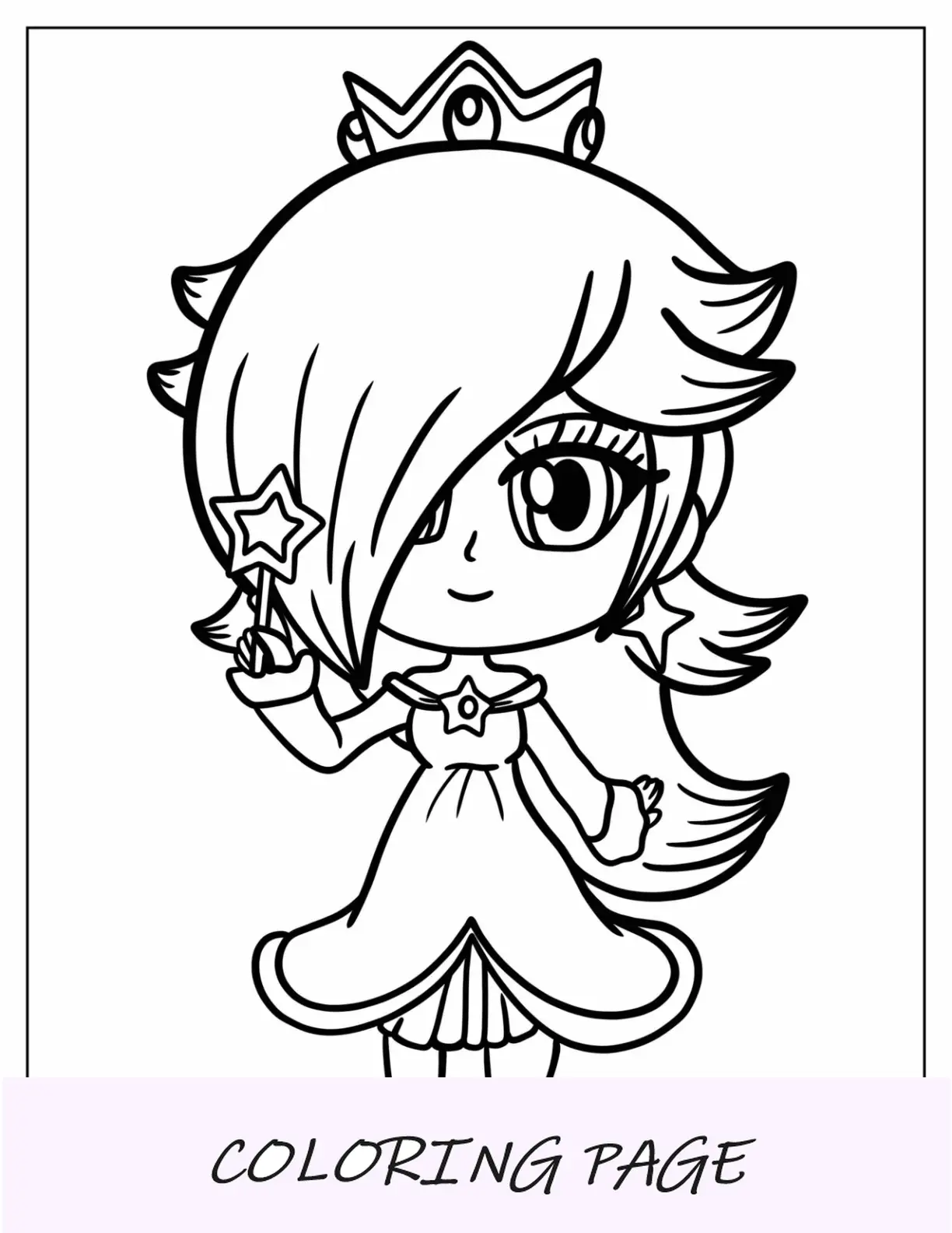 Página para colorir de Chibi Rosalina com varinha estrela para crianças em idade pré-escolar