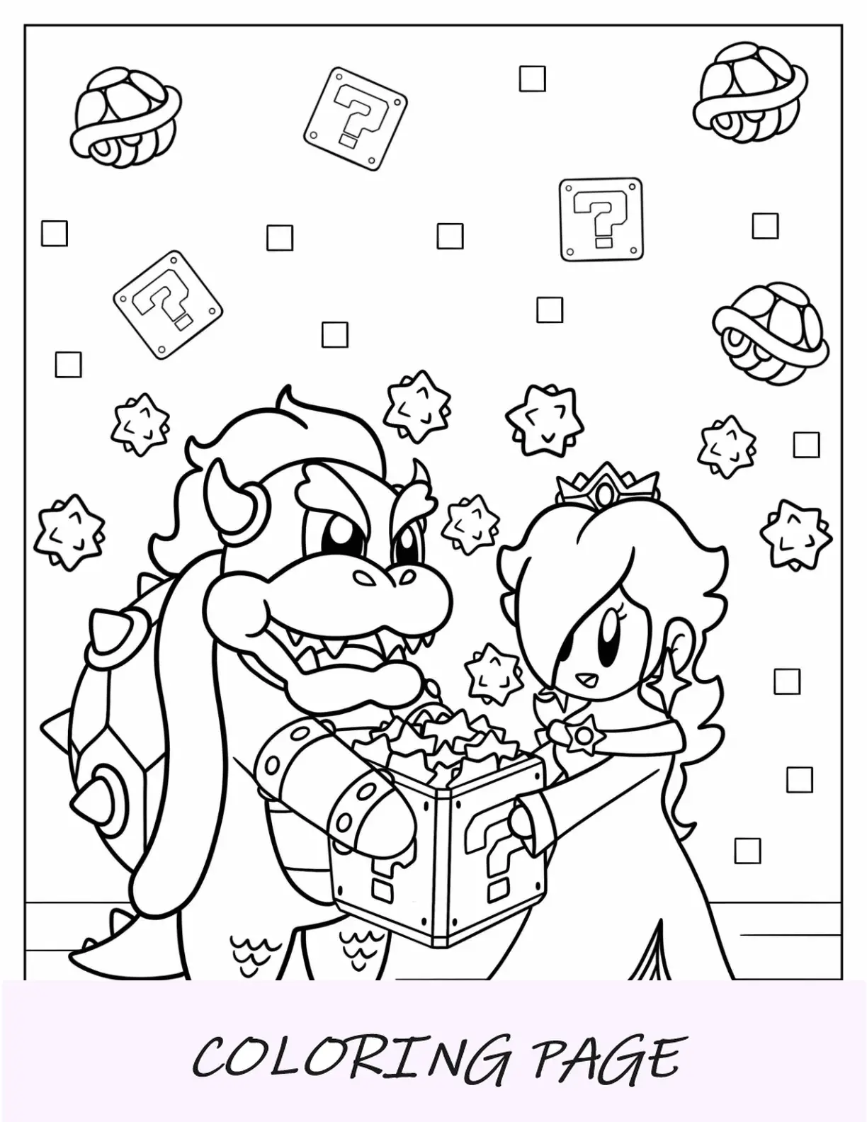 Página para colorir simples de Rosalina e Bowser segurando o bloco de ponto de interrogação