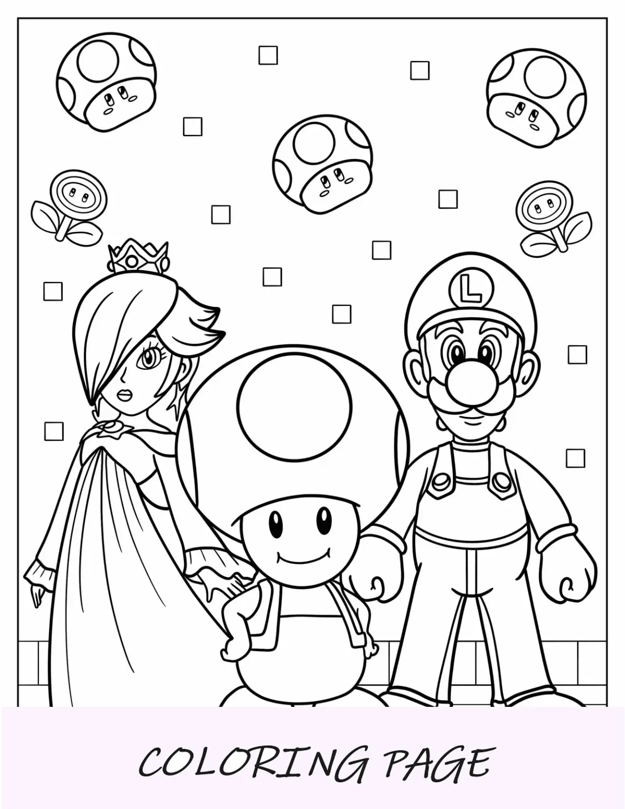 Rosalina para colorir com sapo e Luigi