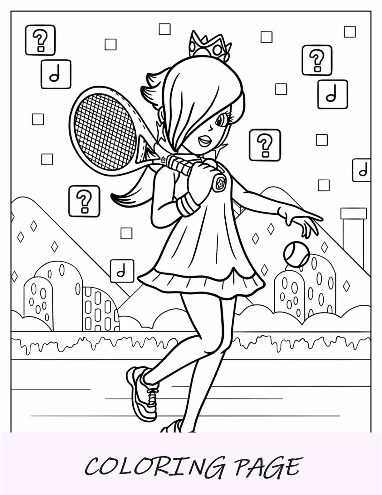 Rosalina para colorir com raquete de tênis e bola de tênis