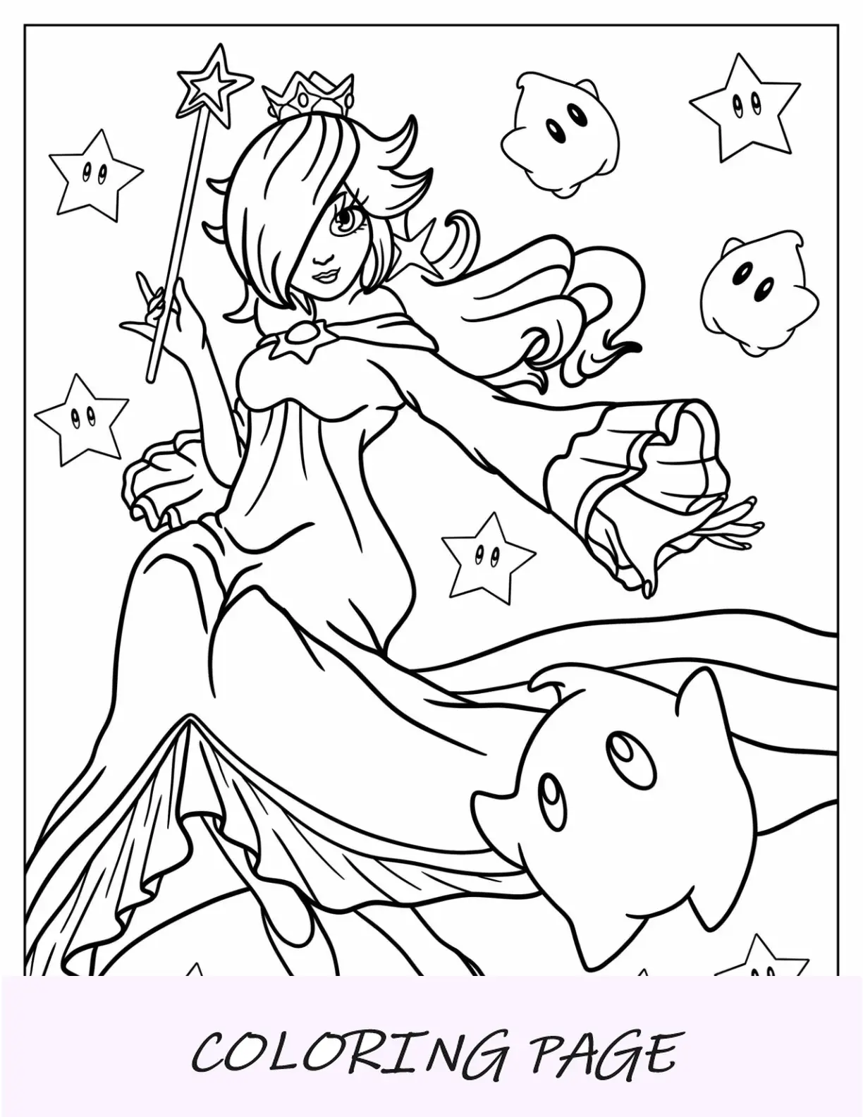 Página para colorir Rosalina usando vestido longo e segurando a varinha com Luma